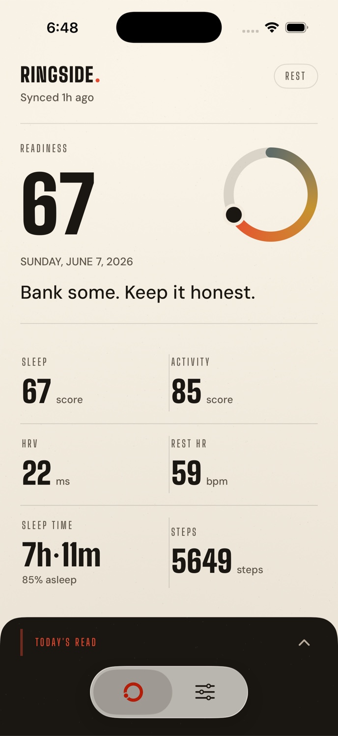 Ringside home screen showing a readiness score of 67 with Oura metrics
